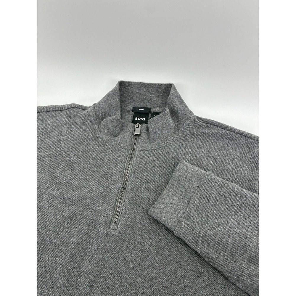 Hugo Boss Mens XXL Slim Fit Quarter Zip Pullover Sweater Gray Cotton Blend Mock